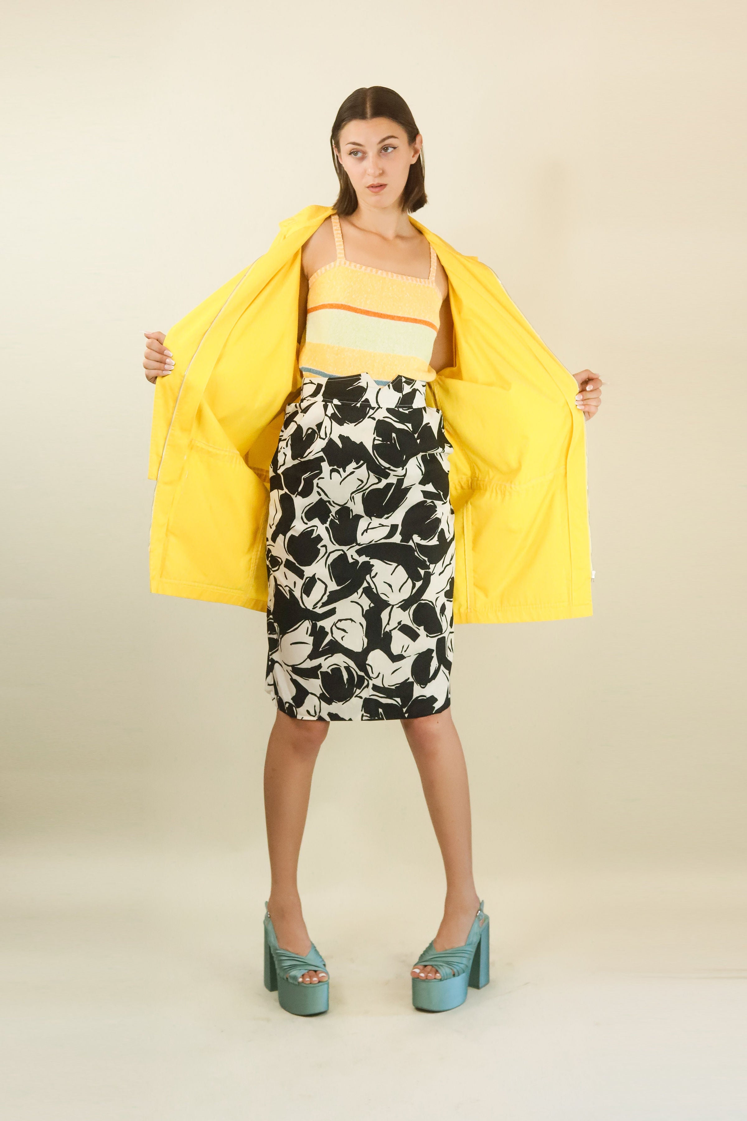 Courreges c 1980's Black & White Floral Skirt with Center Buttons