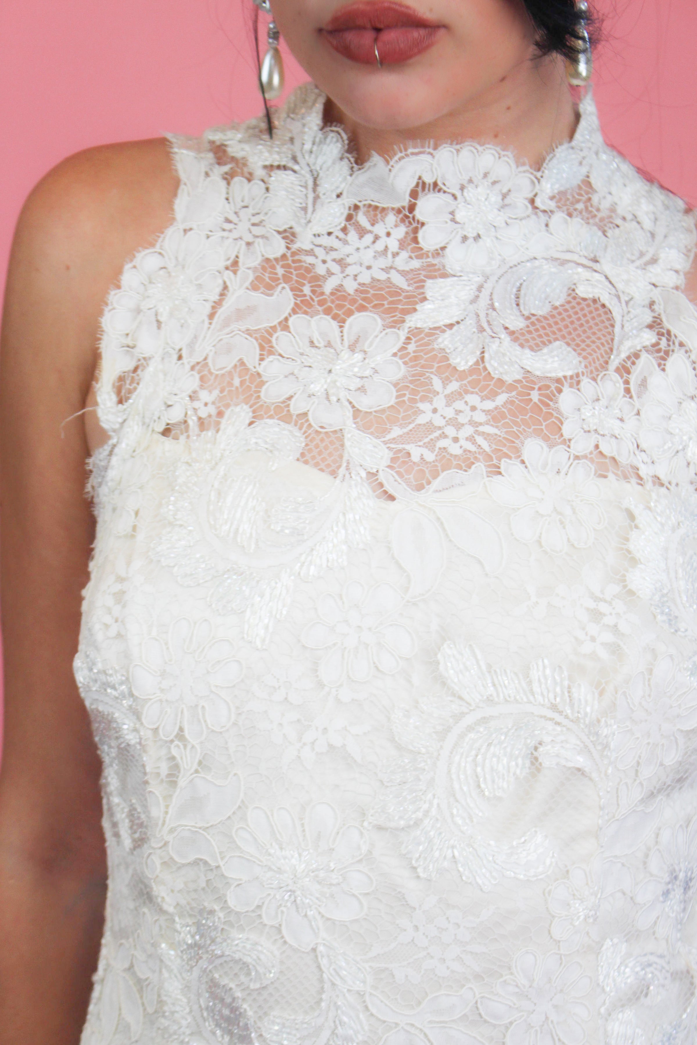 White Lace High Neck Gown