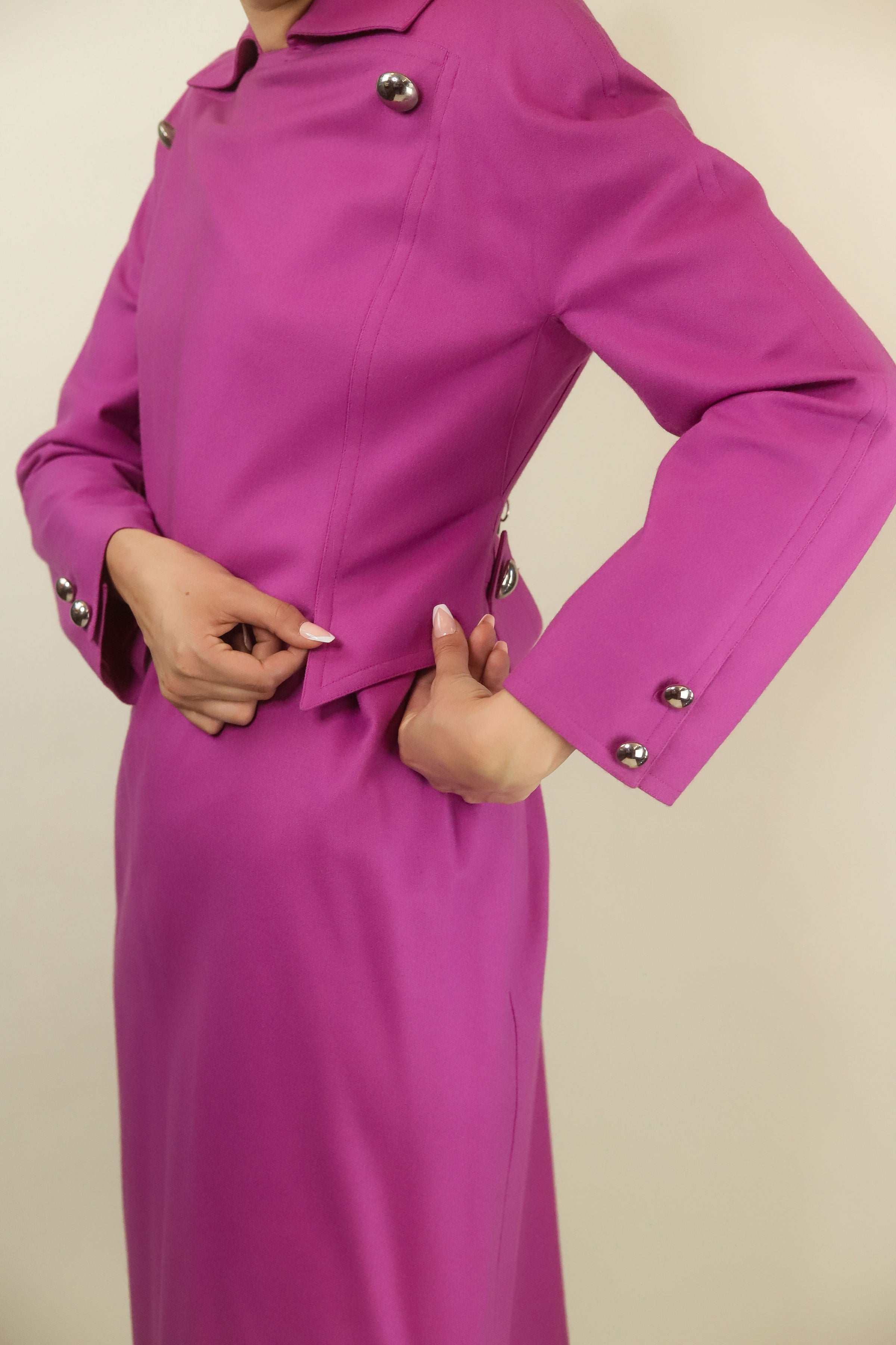Courreges c. 1980's Pink Wool Dress with Silver Buttons