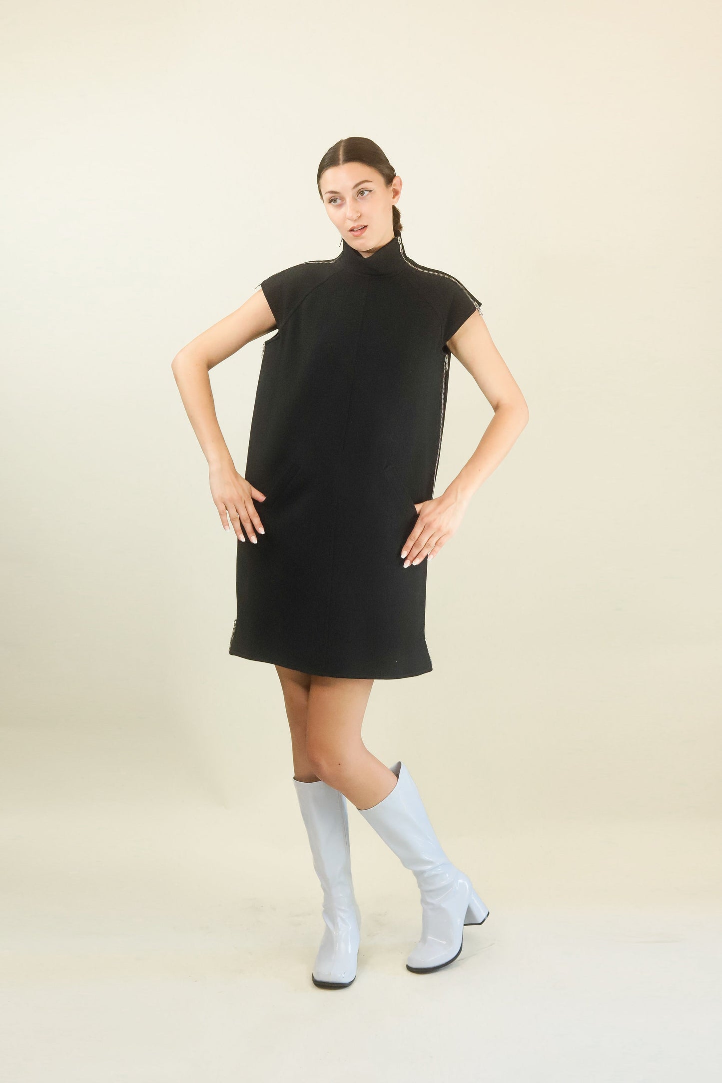 Courreges c. 1980's Black Dress with Side Metal Zippers