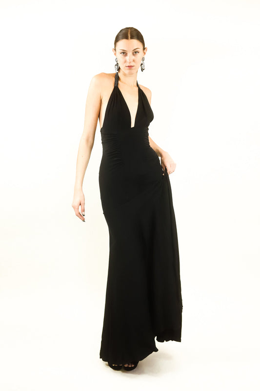 Versace Bondage & Rhinestone Buckle Halter Neck Gown