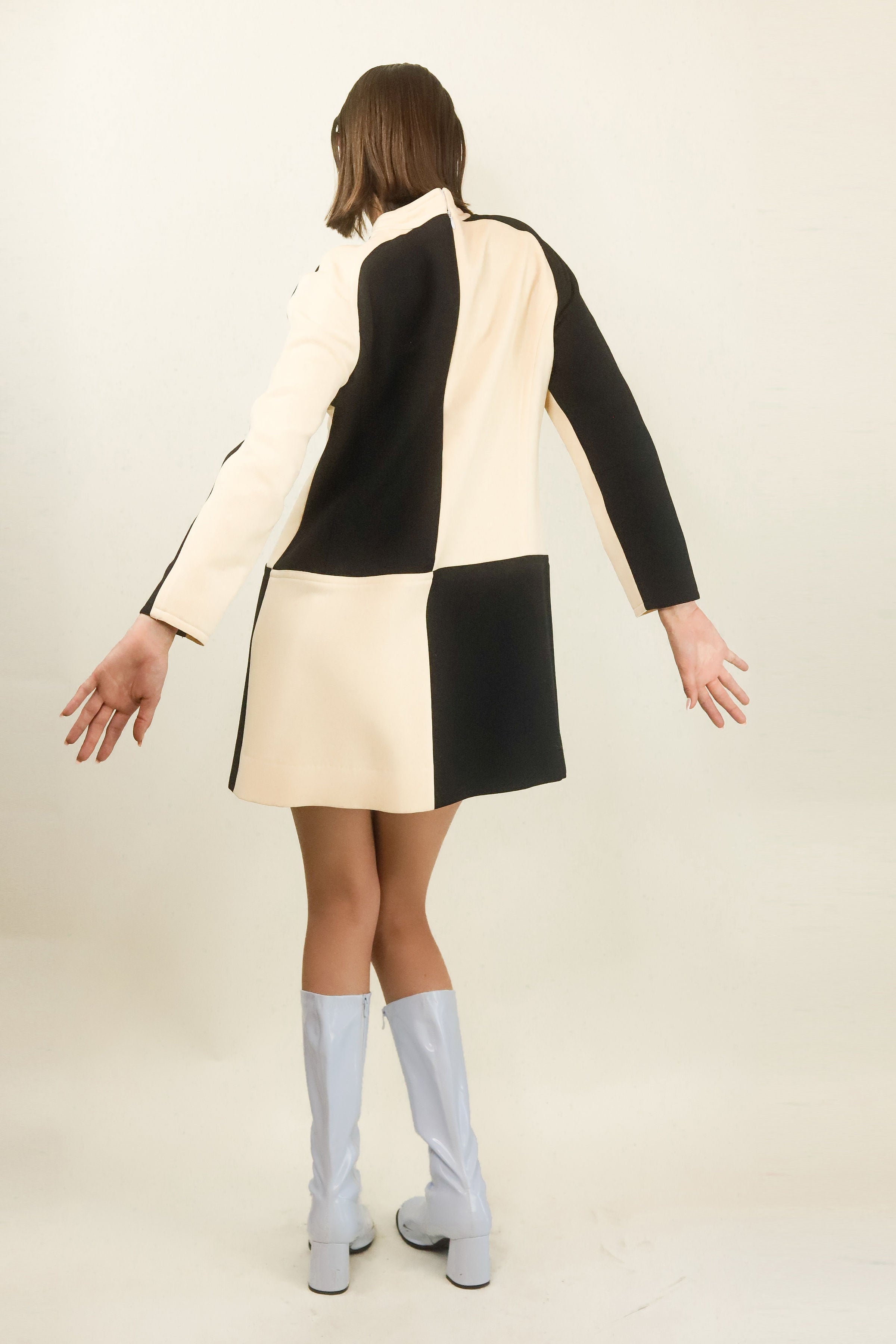 Courreges Black and White Long Sleeve Check Dress