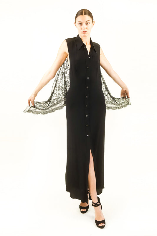 Hermes Monogram Lace Cape Button Front Gown