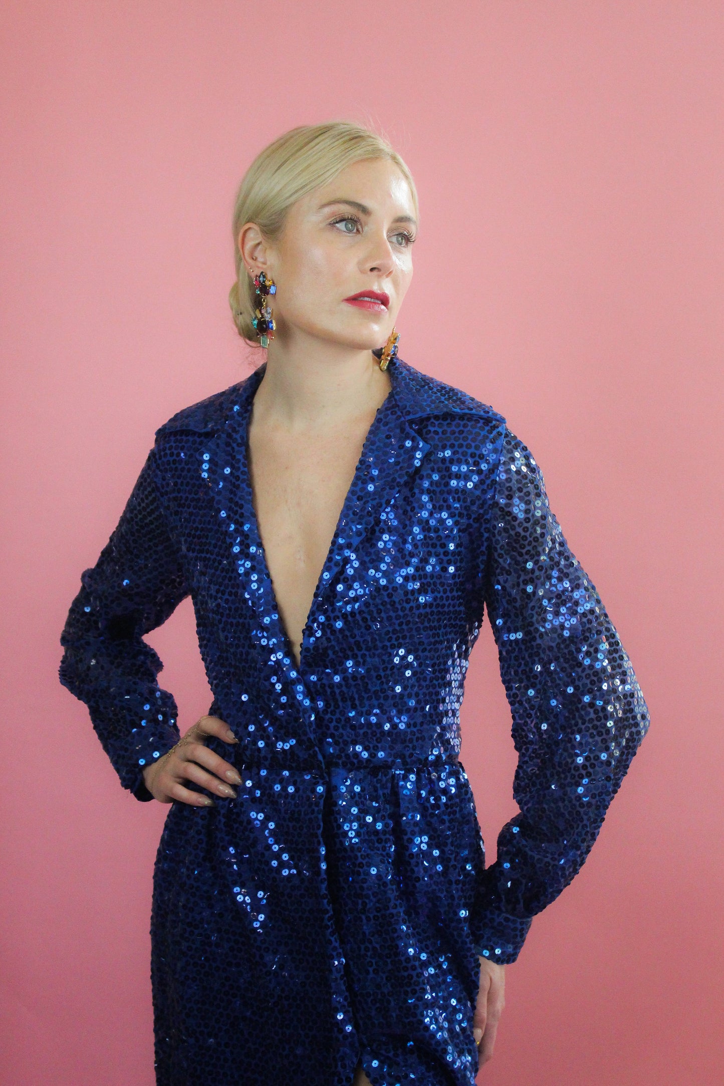 Oscar De La Renta Jewel Tone Blue Sequin Gown