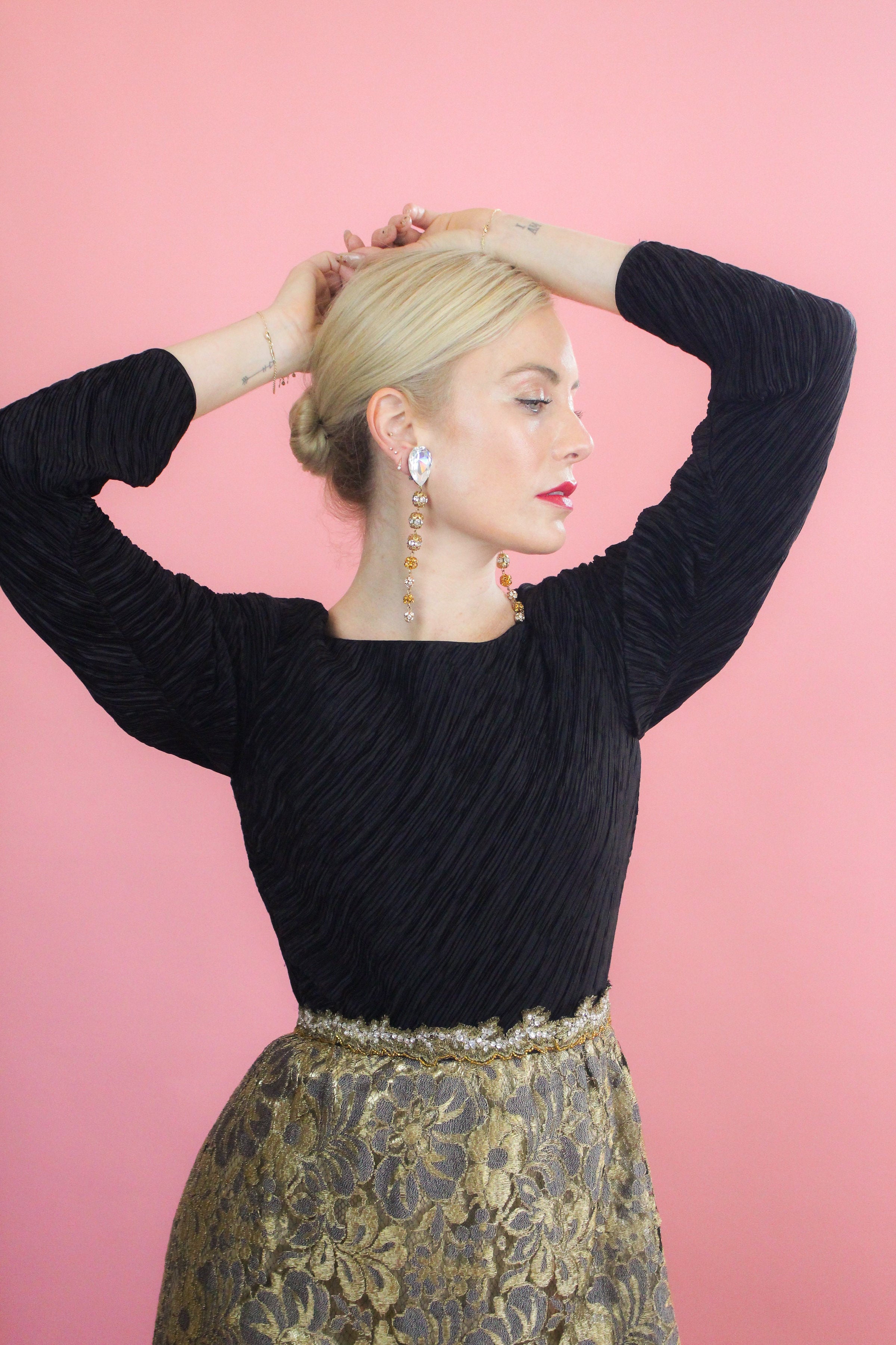 Mary McFadden Gold Lace, Open Back, Fortune Pleated Dress