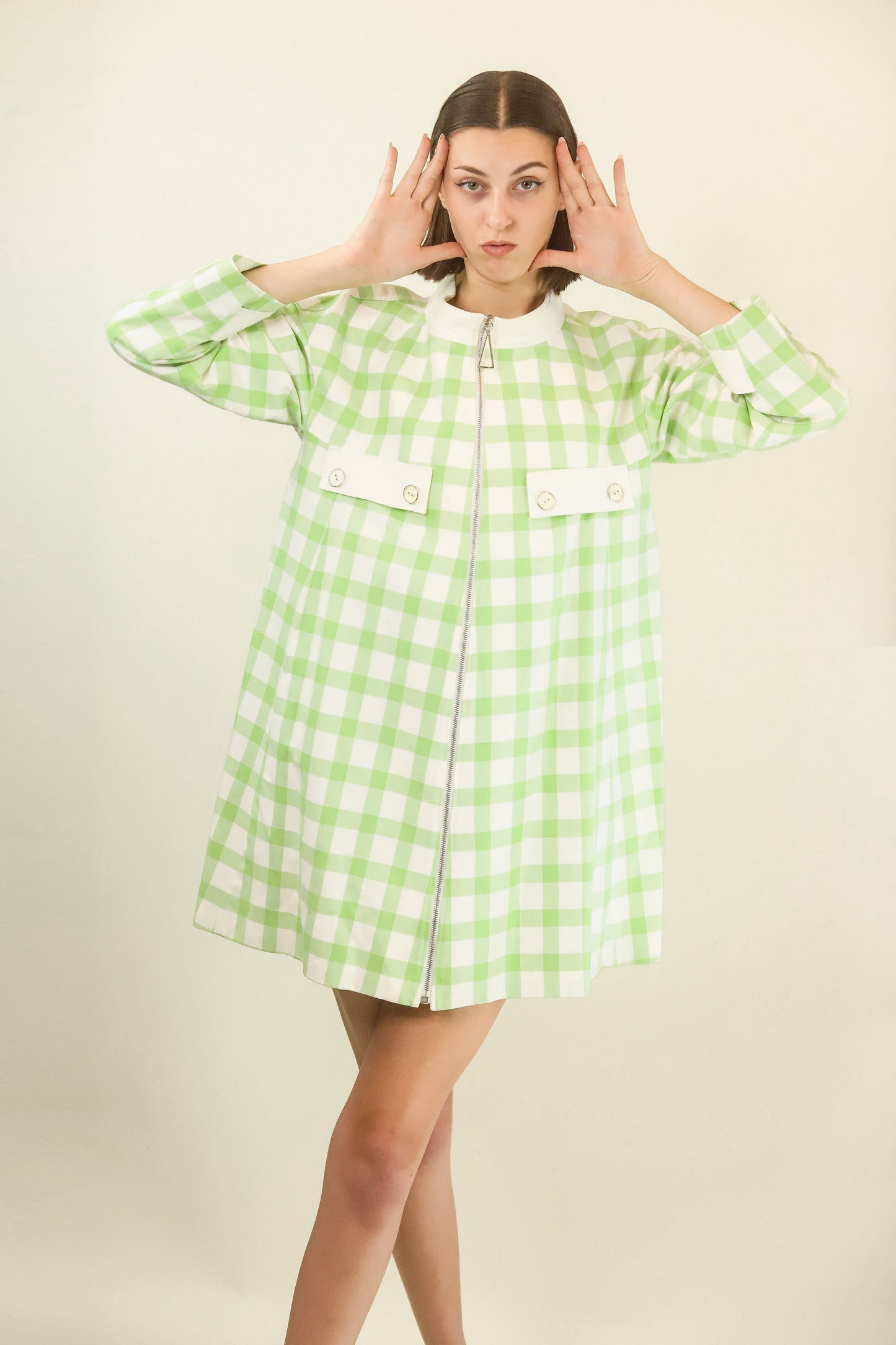 Courreges c. 1989's Lime Green and White Plaid Coat