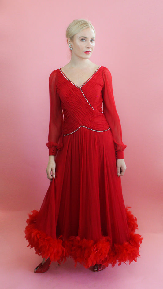 Vintage Richilene  Red  Chiffon & Feather Trim Gown