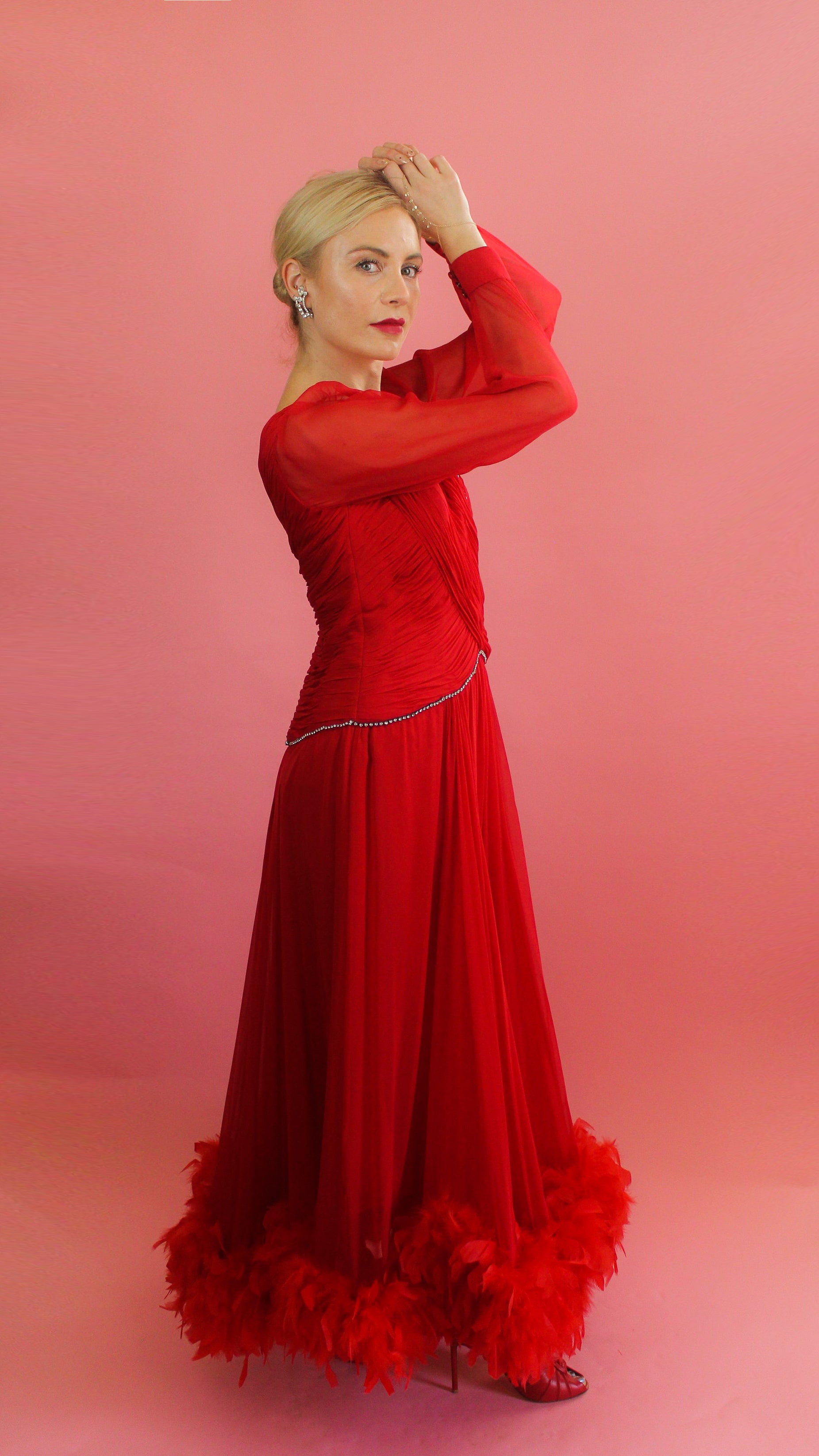 red dress with feather trim OSTRICH FEATHER TRIM CAPE DRESS IN RED | CULT MIA