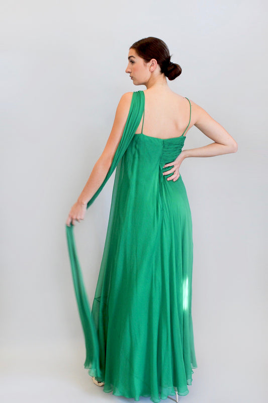 I. Magnin Kelly Green Chiffon Gown - The Kit Vintage