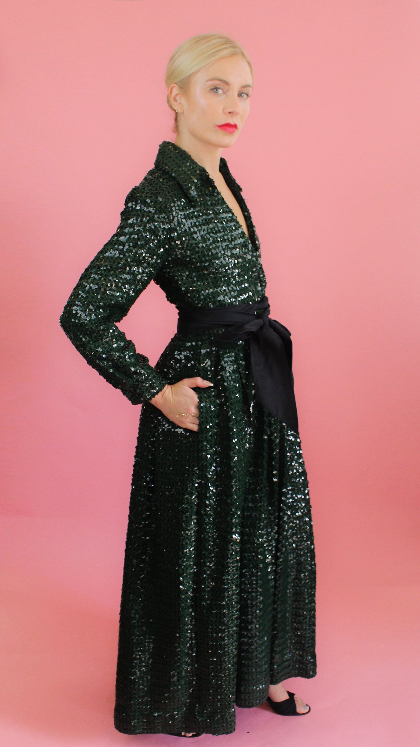 Forest Green Sequin Gown/Dress with Sash