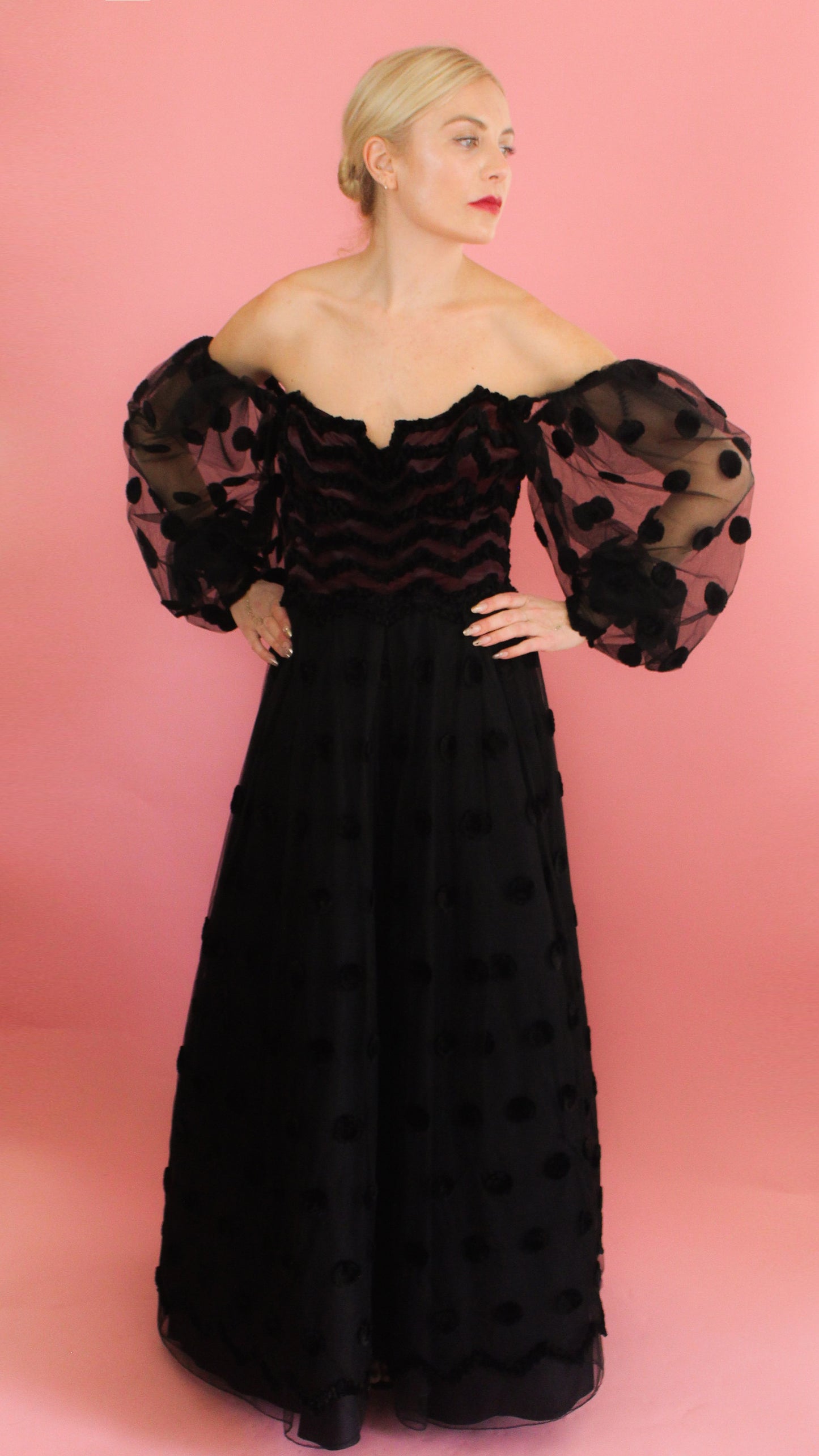 Loris Azzaro 1979 Polka Dot, Balloon Sleeve Gown