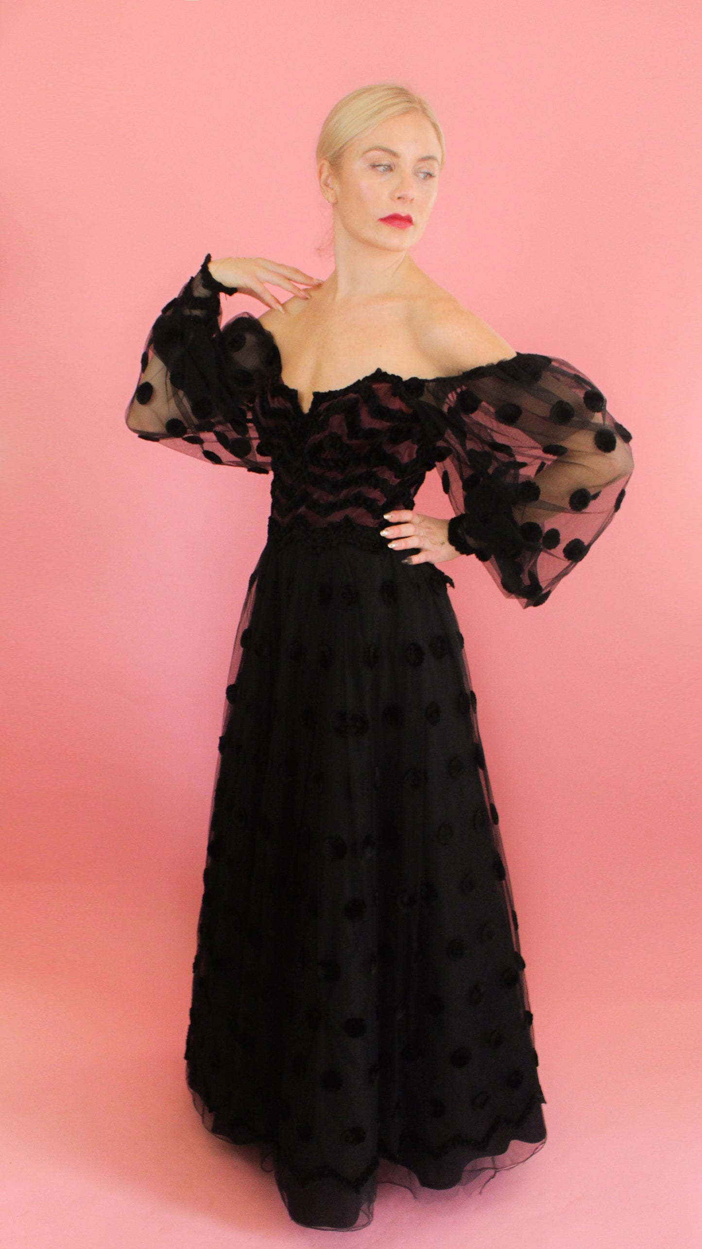 Loris Azzaro 1979 Polka Dot, Balloon Sleeve Gown