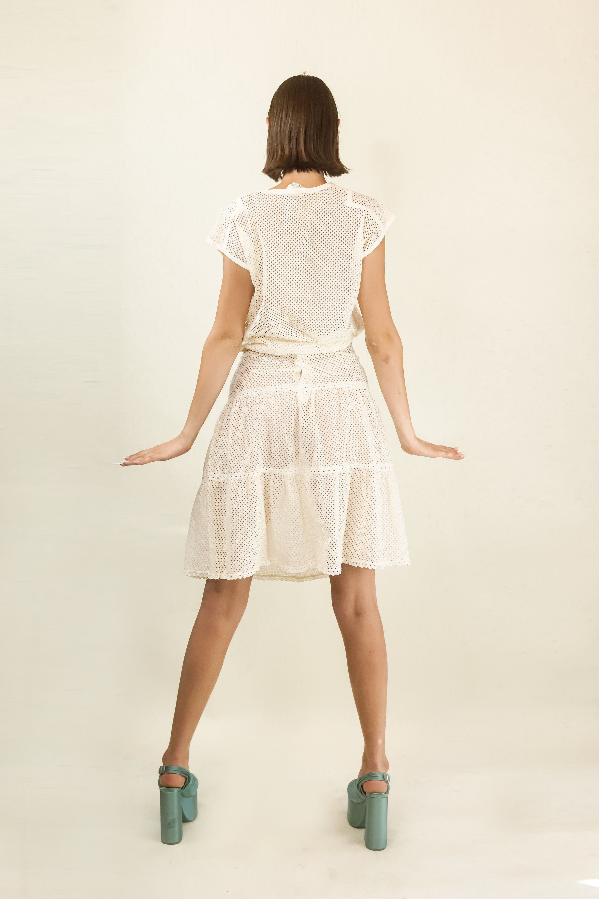 Courreges c. 1980's White Eyelet Skirt & Top Set