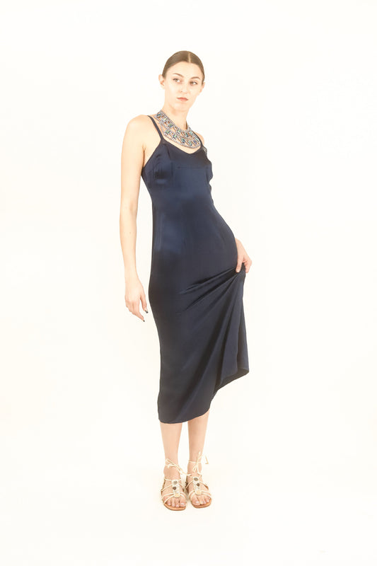 Navy Satin Slip Dress - The Kit Vintage