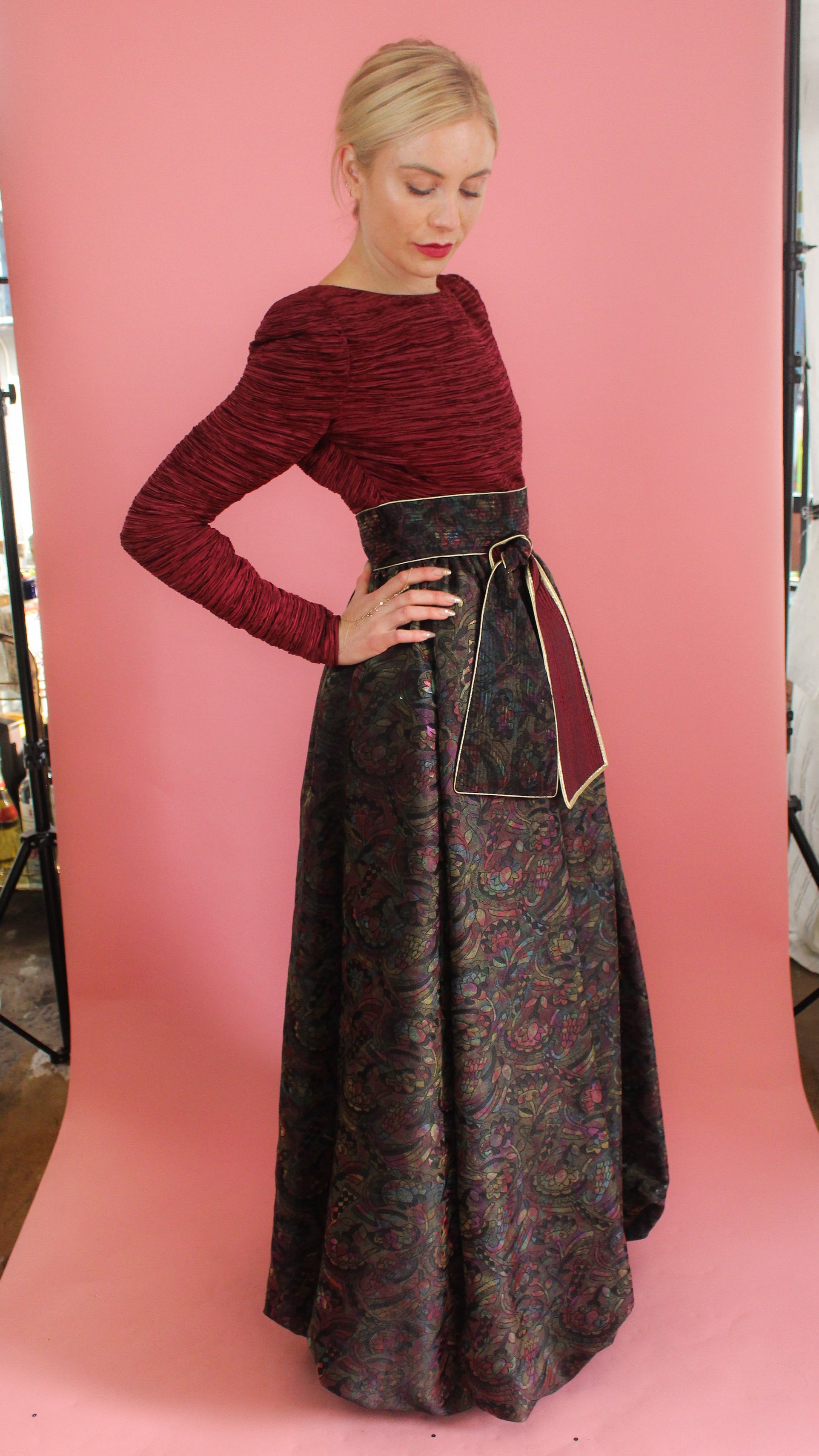 Mary McFadden Couture Belted Jacquard Print Gown
