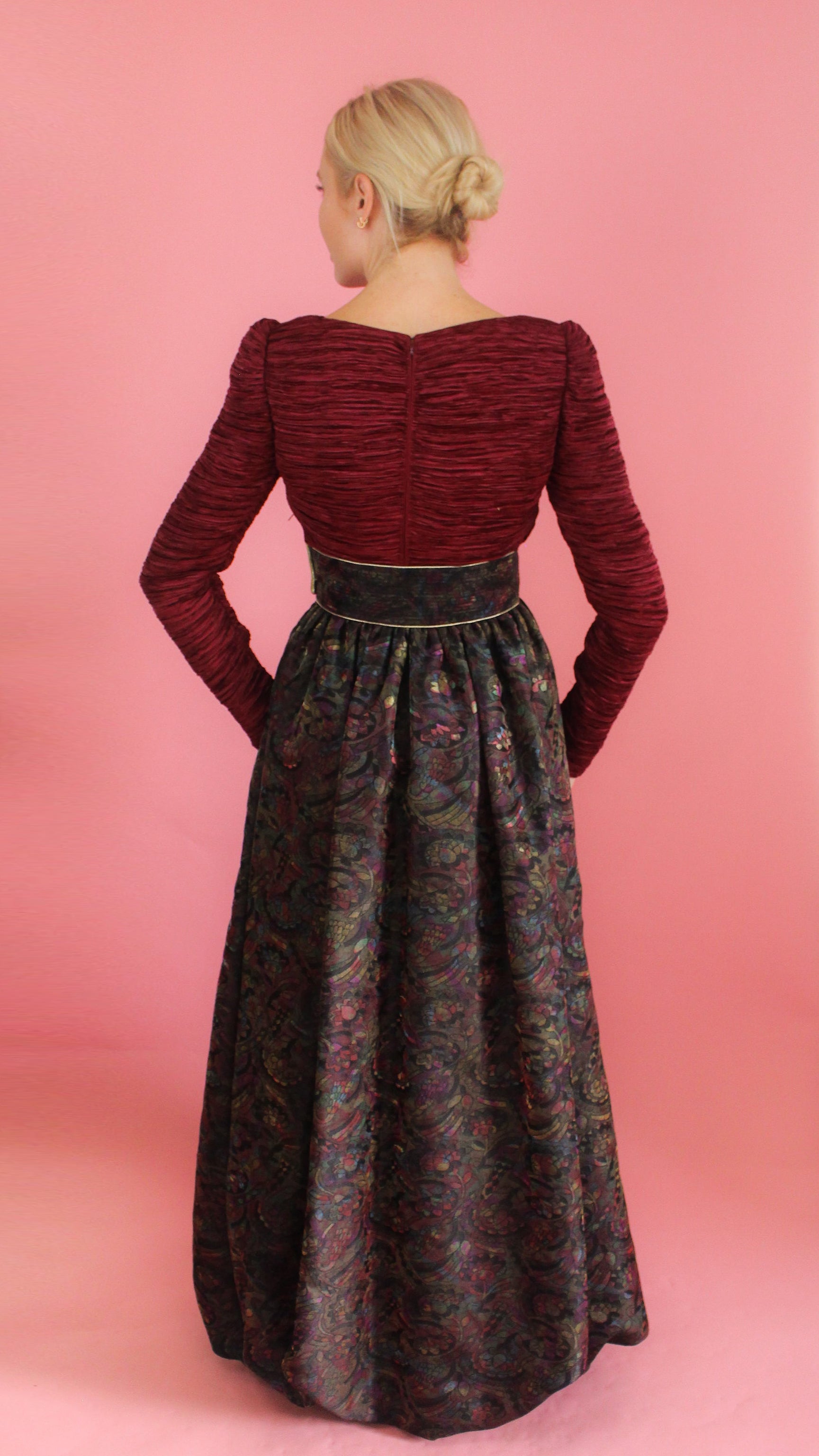 Mary McFadden Couture Belted Jacquard Print Gown