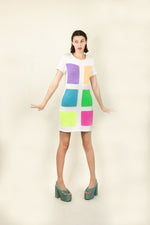 Load image into Gallery viewer, Courreges c.1980&#39;s White with Neon Colored Square Knit Dress

