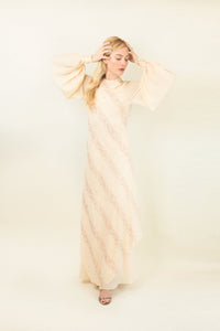 1970's Embroidered & Bishop Sleeve Silk Gown