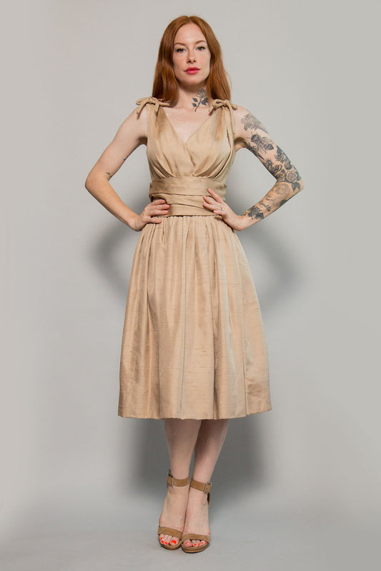 1950's Khaki Bow Tie Sleeves Dress - The Kit Vintage