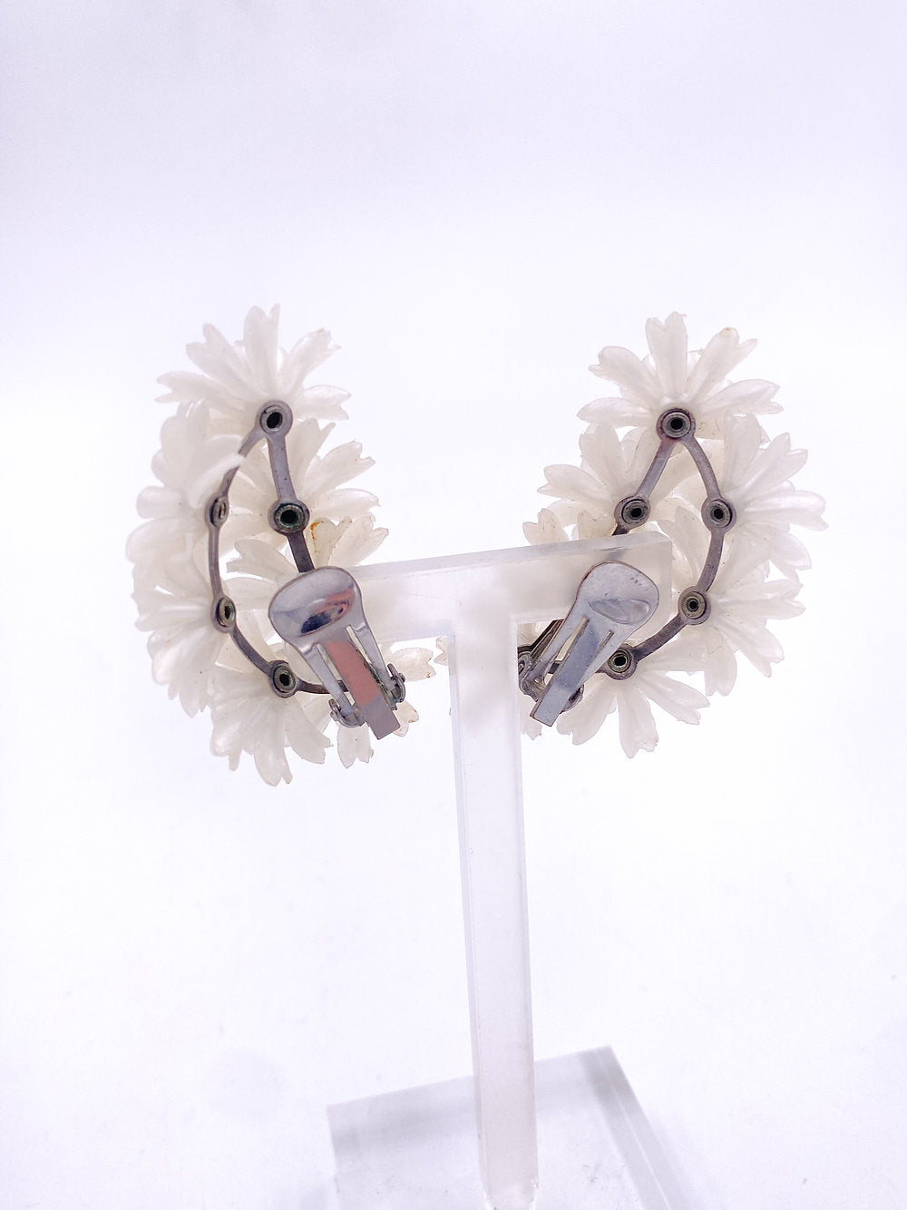 White Floral Climber Earrings - Clip On