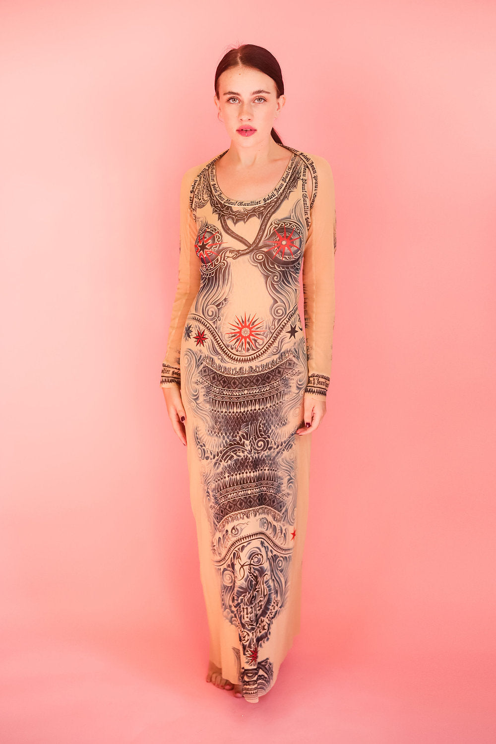 Jean Paul Gaultier Soleil Tattoo Print Mesh Dress Set