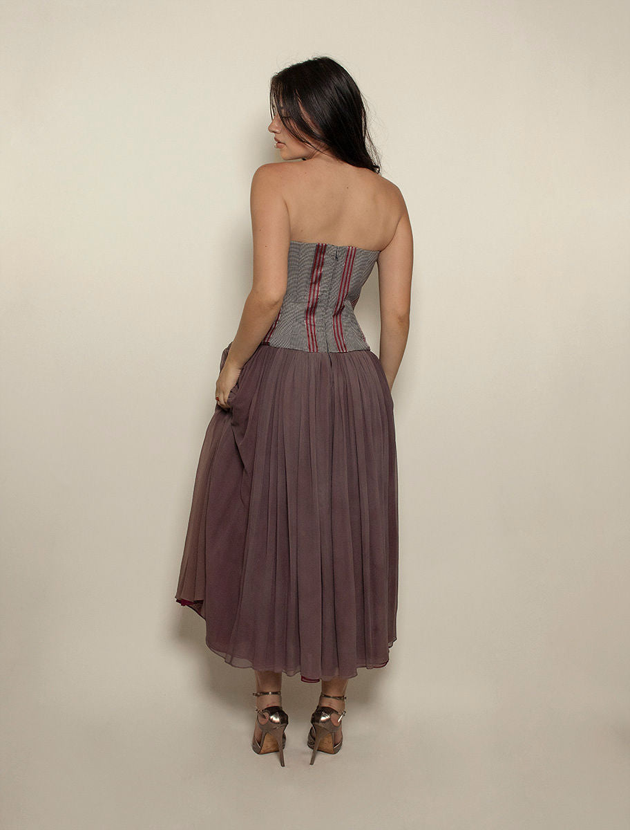 90s Strapless Checked Chiffon Dress