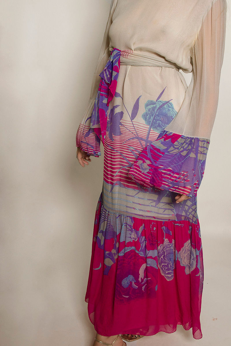 Hanae Mori silk chiffon Dress with Floral Hem