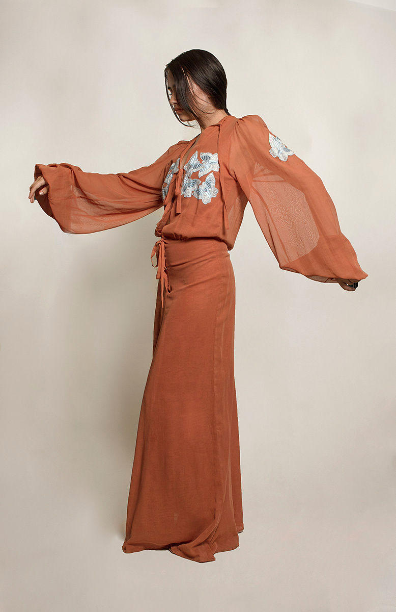 Thea Porter Couture 1970's Rare Cotton Dress with Embroidered Butterfly's