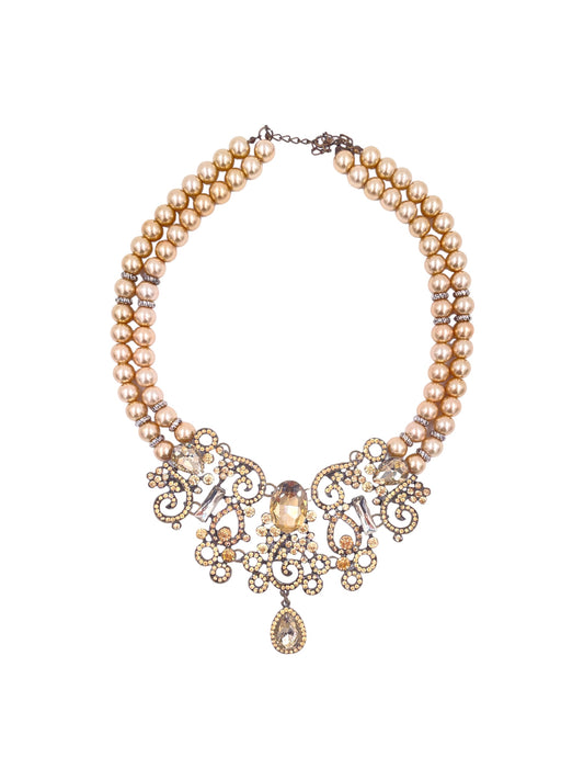 Double Strand Pearl Necklace with Crystal Collar