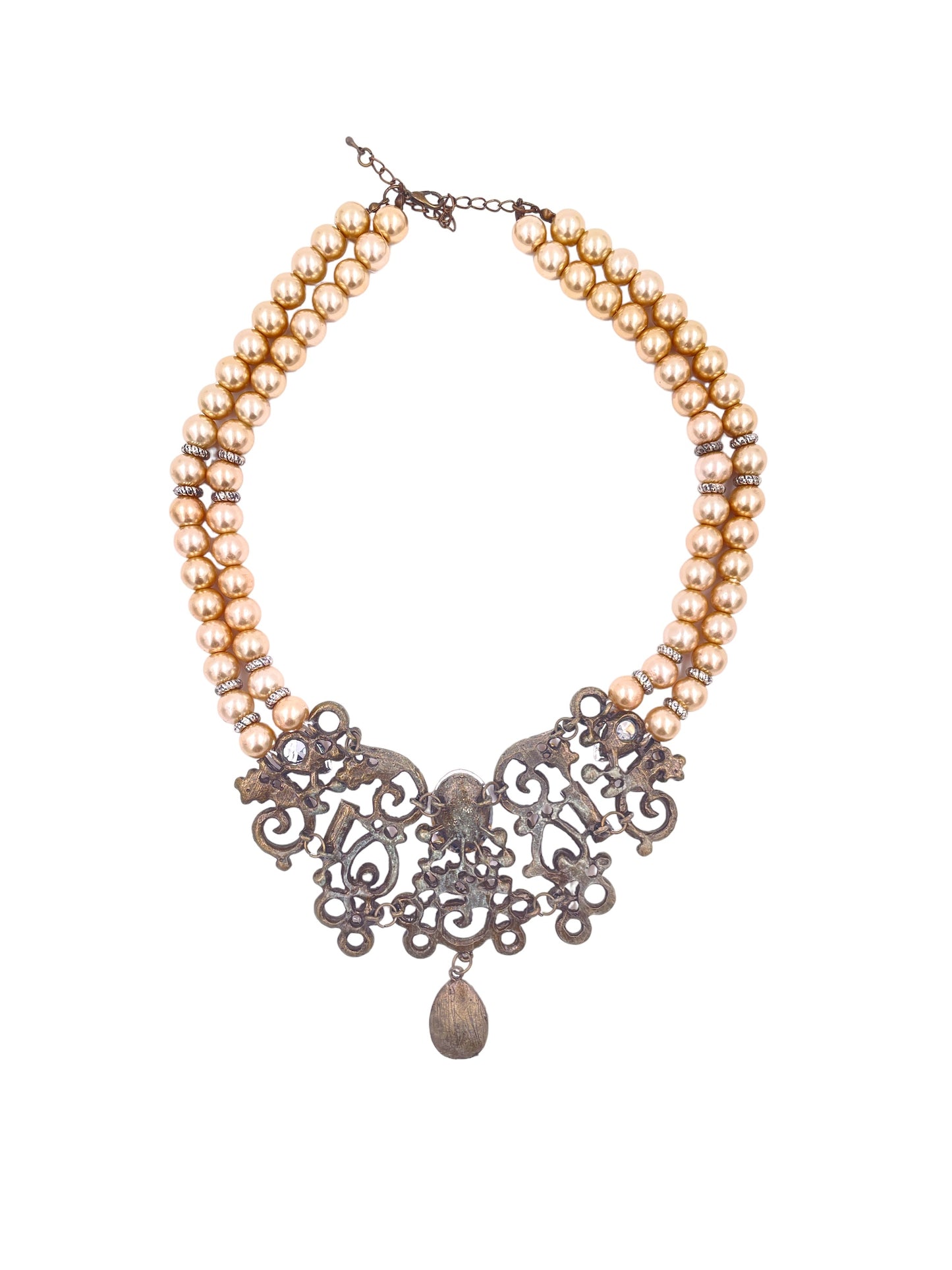 Double Strand Pearl Necklace with Crystal Collar
