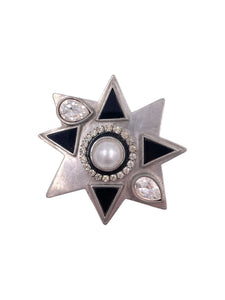 Silver Star Brooch W/ Black Enamel & Pearl