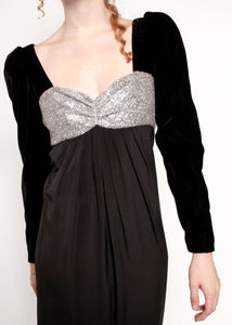 Oscar De La Renta Black Silk & Velvet Silver Bust Gown
