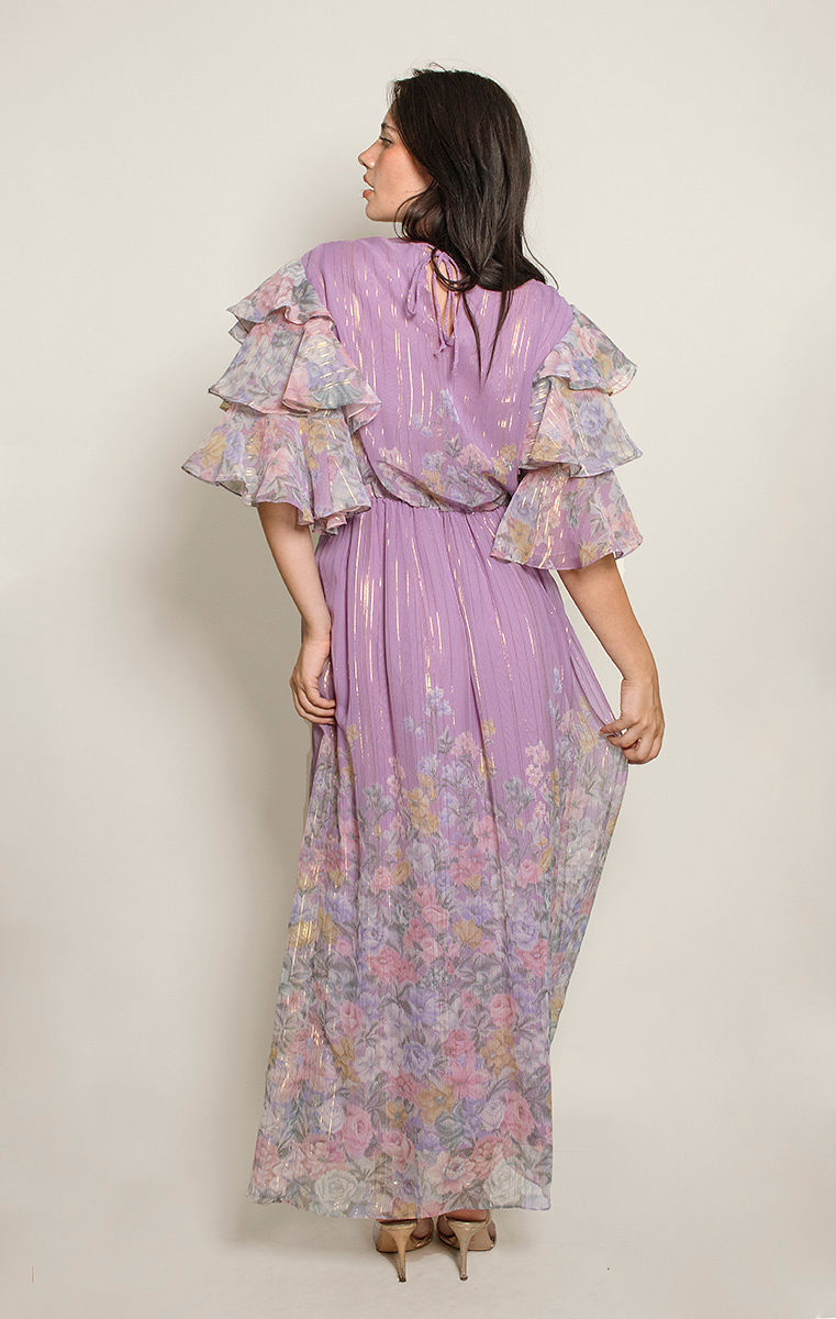 Hanae Mori Purple Metallic Ruffled Sleeve dress