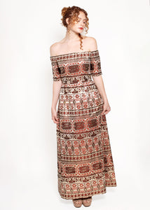 Oscar De La Renta 1970's Brocade Off The Shoulder Gown