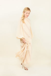 1970's Embroidered & Bishop Sleeve Silk Gown