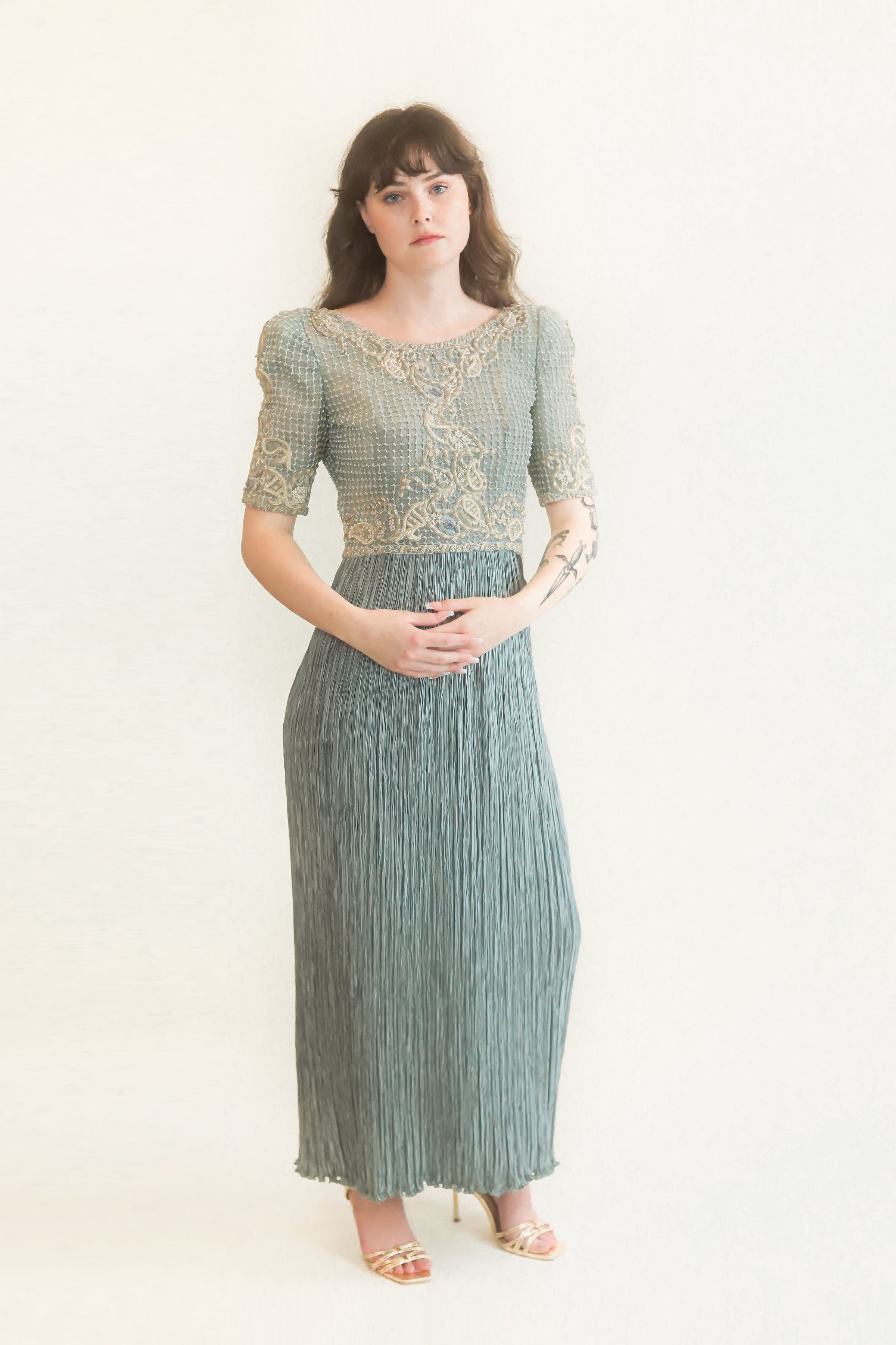 Mary McFadden Metallic Thread Beaded Dress