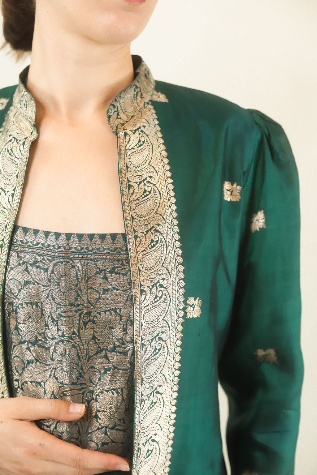 Green Metallic Silk Dress & Jacket