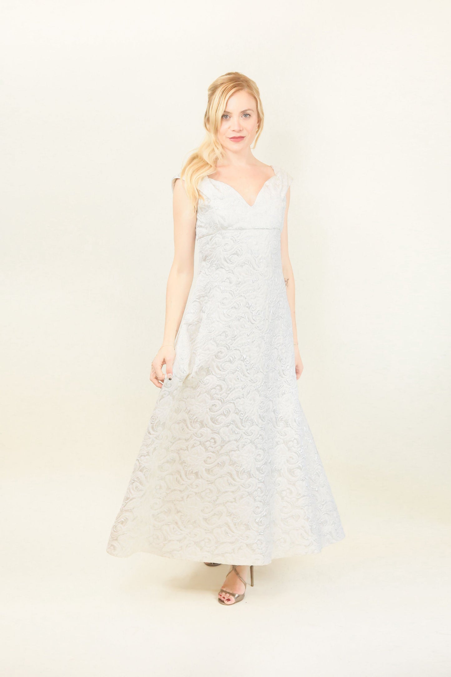 Arnold Scaasi White Metallic Brocade Off The Shoulder Gown